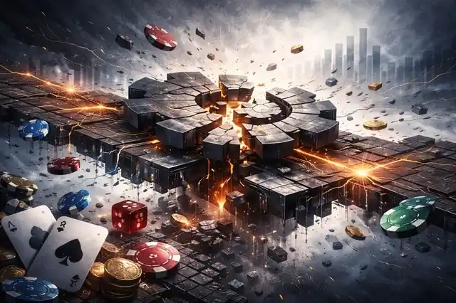 Fragmented casino control room with roulette wheel components, scattered poker chips, broken process panels, and disconnected decision paths inside a futuristic operational environment.