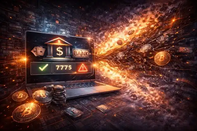 Casino withdrawal interface split into multiple diverging system paths, with a locked balance state suspended between payout and review layers