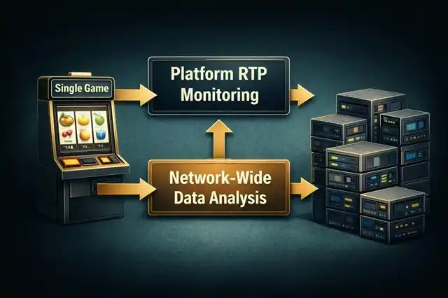 Casino platform architecture illustrating RTP operating in a backend system layer, not in player-facing gameplay