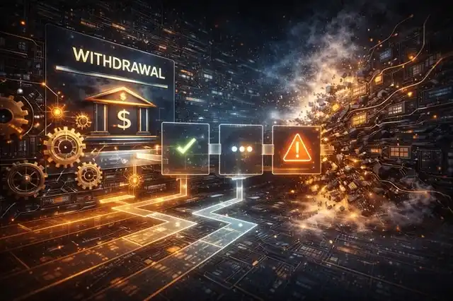 Abstract casino system showing a withdrawal process entering an undefined state, with clear inputs leading to an indeterminate output point