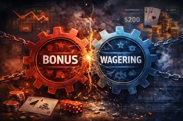 Player seated at a slot machine, with spinning reels in the foreground and abstract system indicators shown behind the interface.