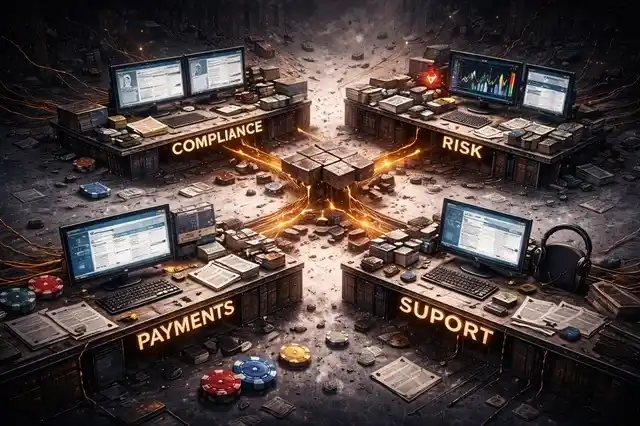 Separated casino management units with divided card tables, isolated payment controls, and multiple decision centers operating without a shared command structure.
