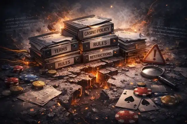 Casino rule framework with playing cards, roulette segments, and policy documents applied unevenly across different operational scenarios.