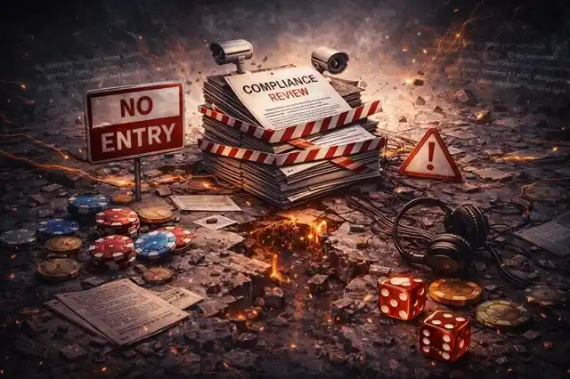 Casino compliance workspace with verification records, card tables, and regulatory controls present without a visible final decision mechanism.