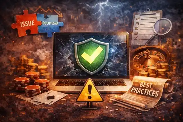 Player standing at a casino counter, looking at a screen that separates approved funds from restricted balance zones.