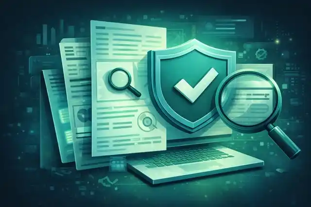 Illustration showing a player analyzing an online casino platform with documents, charts, and trust indicators, representing how to choose a safe online casino.