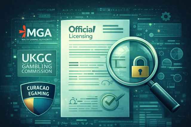 Visual representation of online casino licensing and regulation, including official certificates, jurisdiction badges, and verification checks for legal operation.
