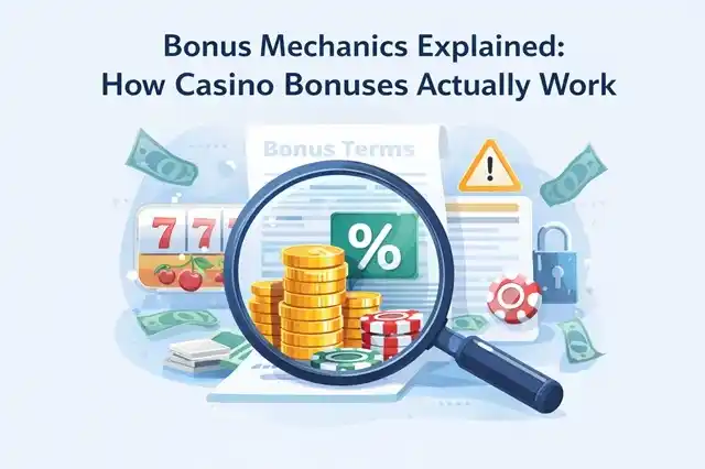 Player reviewing casino bonus rules, with percentages, conditions, and system mechanics shown behind the promotional offer.