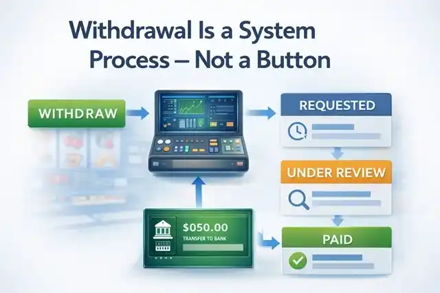 Diagram showing the transition point where casino funds stop being playable and enter the withdrawal eligibility stage