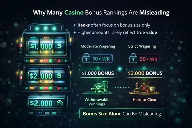 casino bonus ranking comparison showing bonus size vs wagering requirements and real value