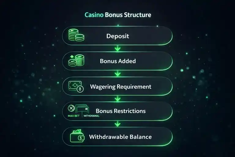 casino bonus structure diagram showing deposit bonus wagering requirements and withdrawal process