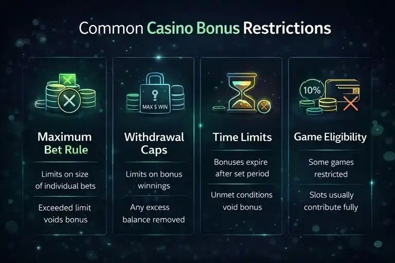 Visual guide to casino bonus restrictions such as max bet rules, withdrawal caps, time limits and eligible games in online casino promotions.