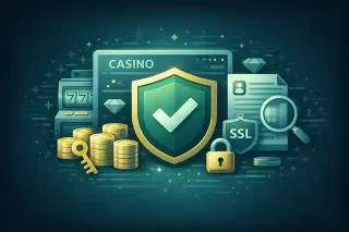 Illustration showing casino security checks, licensing verification, and player safety indicators